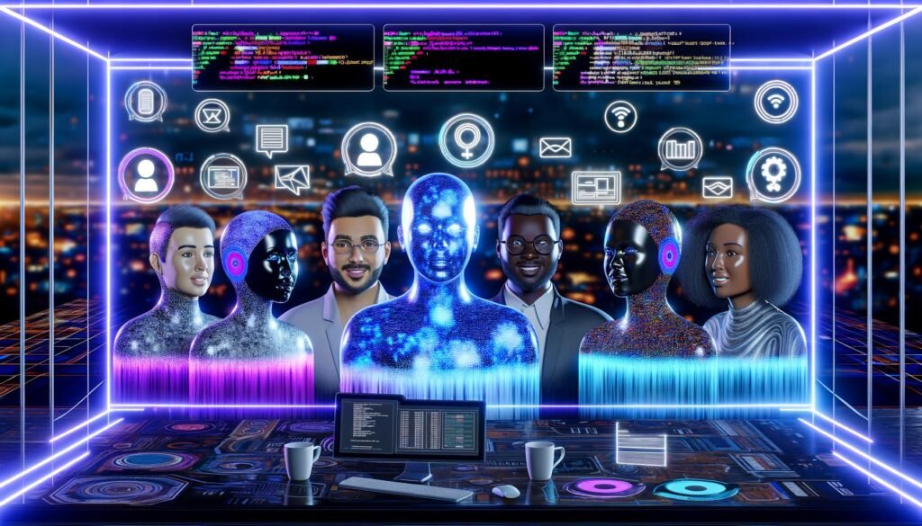 Futuristische Darstellung eines vielfältigen Teams mit digitalen Avataren in einem modernen Workspace, umgeben von interaktiven Bildschirmen, KI-Icons, Diagrammen und technischen Überlagerungen.