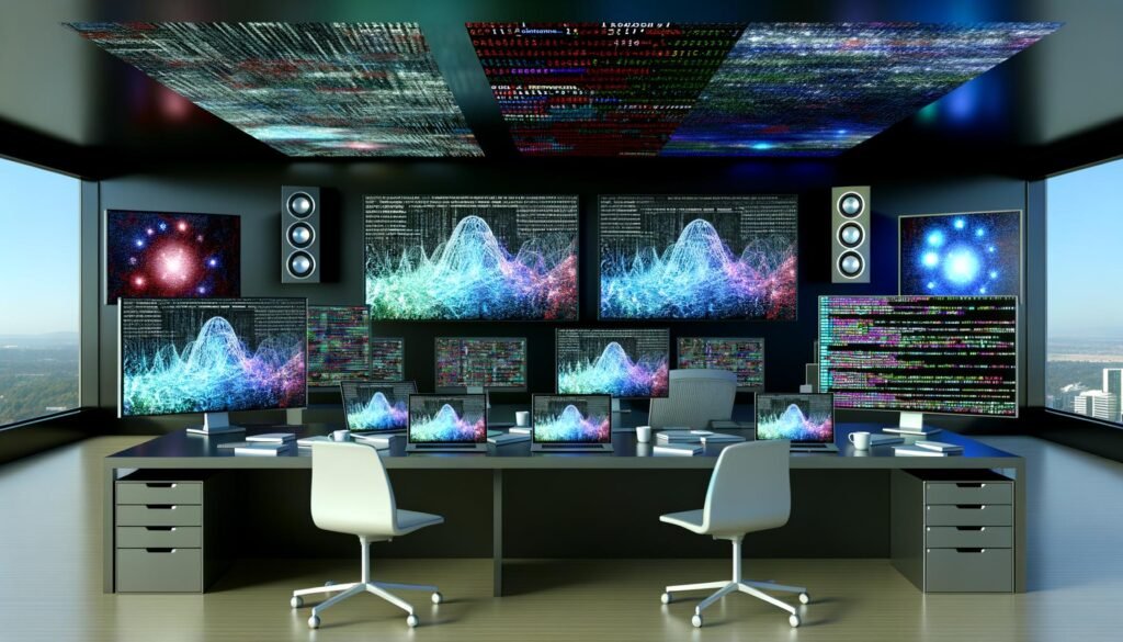 Moderner Schreibtisch mit Laptops, die NumPy-Code darstellen, umgeben von Kaffeetassen, Codeblättern und Bildschirmen mit bunten Arrays und Datenvisualisierungen.