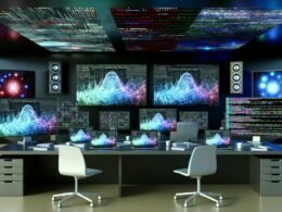 Moderner Schreibtisch mit Laptops, die NumPy-Code darstellen, umgeben von Kaffeetassen, Codeblättern und Bildschirmen mit bunten Arrays und Datenvisualisierungen.