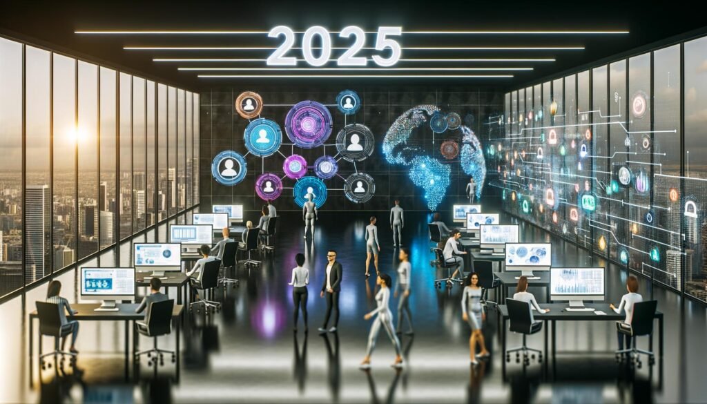 Futuristisches Büro 2025 mit Marketing-Teams, holografischen Diagrammen, KI-Systemen und leuchtenden Datenströmen