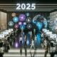 Futuristisches Büro 2025 mit Marketing-Teams, holografischen Diagrammen, KI-Systemen und leuchtenden Datenströmen