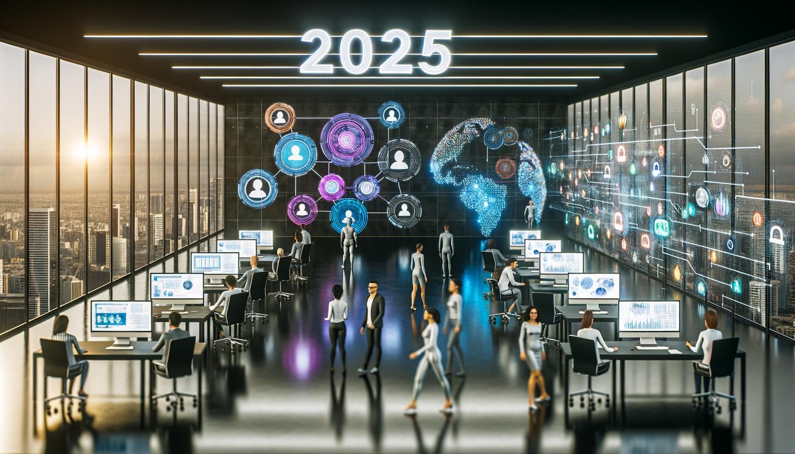 Futuristisches Büro 2025 mit Marketing-Teams, holografischen Diagrammen, KI-Systemen und leuchtenden Datenströmen