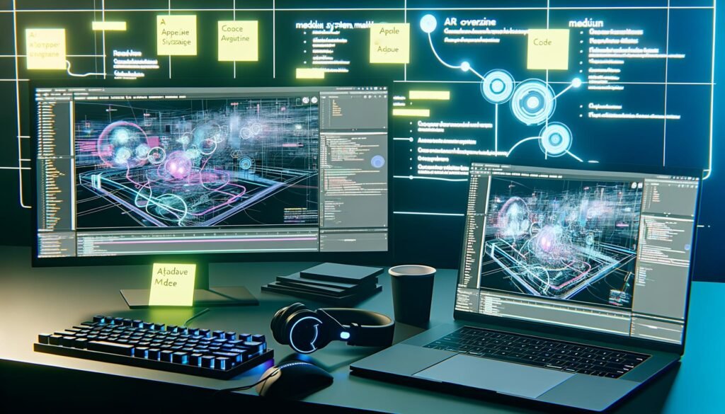 Ultra-moderner Arbeitsplatz mit zwei Monitoren, auf denen AR-Systemarchitektur, Code und 3D-Modelle sichtbar sind, sowie Laptop-Tastatur, Headset und Kaffeetasse im Vordergrund.