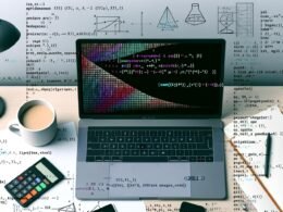 Dynamisches Titelbild: Offenes Jupyter-Notebook mit NumPy-Code und Visualisierungen auf einem Laptop, flankiert von Kaffeebecher und Taschenrechner. Im Hintergrund dezent Python-Logos, Zahlen und Code-Fragmente.