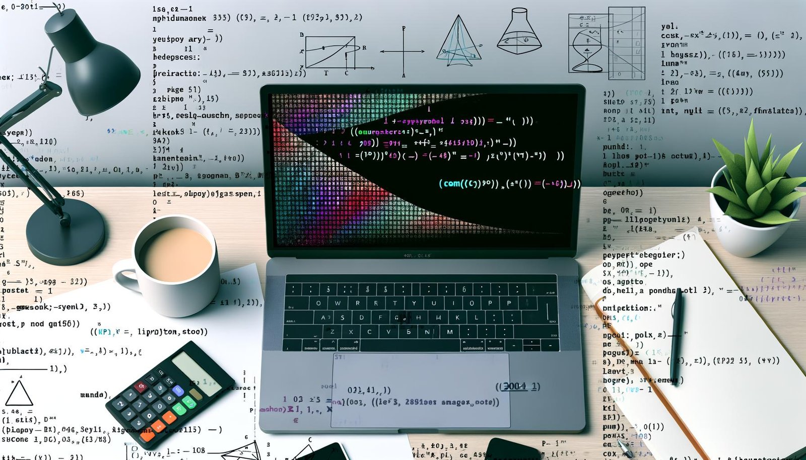 Dynamisches Titelbild: Offenes Jupyter-Notebook mit NumPy-Code und Visualisierungen auf einem Laptop, flankiert von Kaffeebecher und Taschenrechner. Im Hintergrund dezent Python-Logos, Zahlen und Code-Fragmente.
