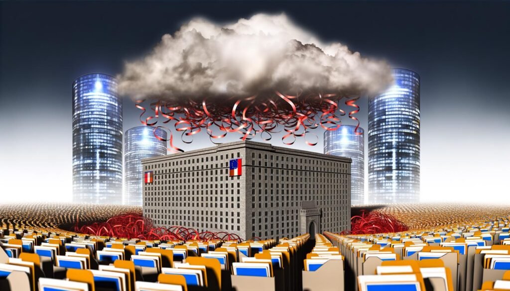 Symbolische Illustration eines deutschen Regierungsrechenzentrums auf einem Labyrinth aus Akten und Bürokratie, mit dunklen Wolken und digitalen Lecks über dem Gebäude, im Hintergrund moderne Cloud-Skyscraper von AWS, Azure und Google Cloud.