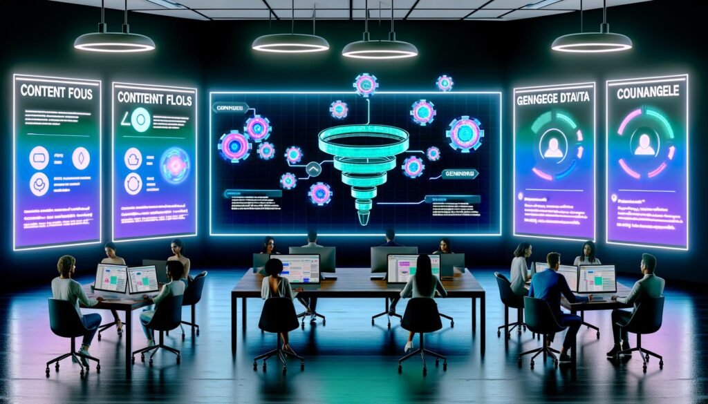 Futuristisch gestalteter Arbeitsbereich mit Marketern und Content Creators vor digitalen Displays, die KI-generierte Inhalte, Keyword-Daten und Engagement-Analysen zeigen. Holographische Logos von KI-Tools wie ChatGPT, Jasper, Neuroflash und Writesonic schweben darüber.