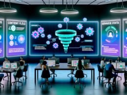 Futuristisch gestalteter Arbeitsbereich mit Marketern und Content Creators vor digitalen Displays, die KI-generierte Inhalte, Keyword-Daten und Engagement-Analysen zeigen. Holographische Logos von KI-Tools wie ChatGPT, Jasper, Neuroflash und Writesonic schweben darüber.