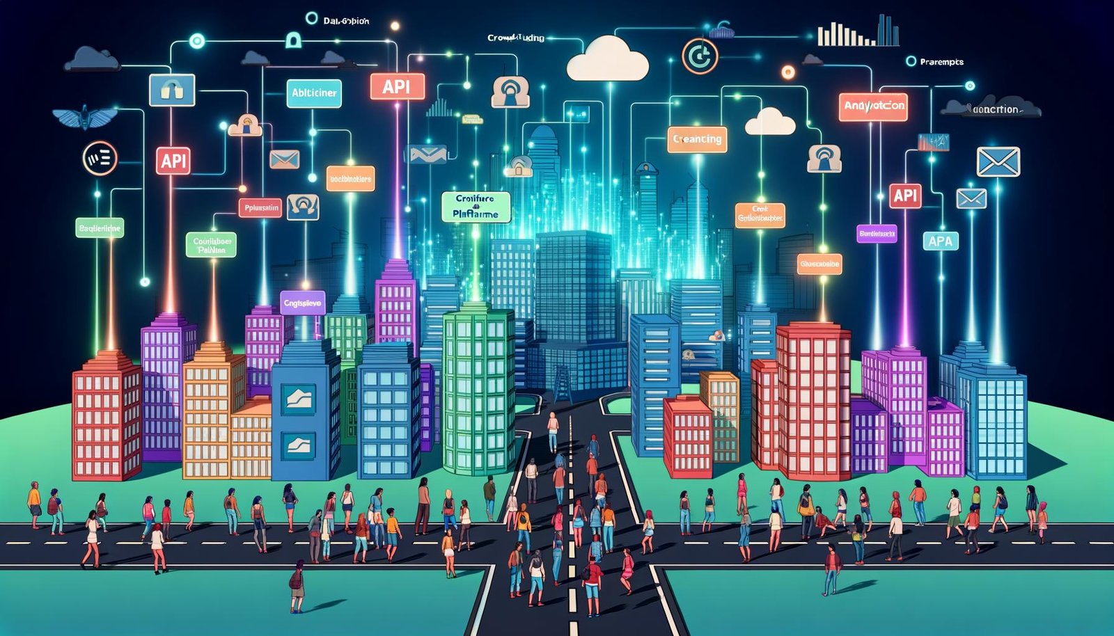 Moderne, digitale City-Skyline mit symbolischen Gebäuden für Creator-Plattformen, leuchtenden Datenströmen, vielfältigen Creator-Avataren und technischen Icons im cleanen, futuristischen Stil.