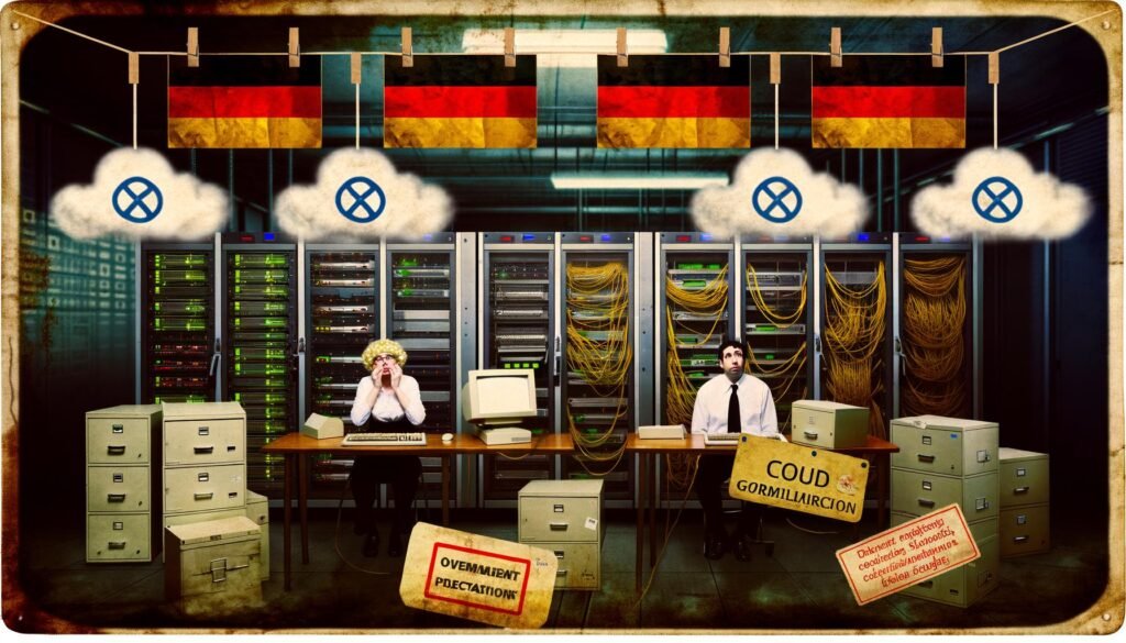 Zwei Techniker im blauen Overall betrachten chaotische Monitore in einem düsteren Raum voller Server, Kabel, Aktenordner und vergilbter Datenschutzschilder, im Hintergrund deutsche Flaggen und Behördenstempel.