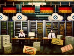 Zwei Techniker im blauen Overall betrachten chaotische Monitore in einem düsteren Raum voller Server, Kabel, Aktenordner und vergilbter Datenschutzschilder, im Hintergrund deutsche Flaggen und Behördenstempel.