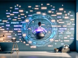 Modernes Büro mit Marketer, der vor digitalen Bildschirmen und KI-Tools arbeitet, umgeben von Marketingdaten, mit verblassenden traditionellen Artefakten im Hintergrund.