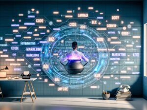 Modernes Büro mit Marketer, der vor digitalen Bildschirmen und KI-Tools arbeitet, umgeben von Marketingdaten, mit verblassenden traditionellen Artefakten im Hintergrund.