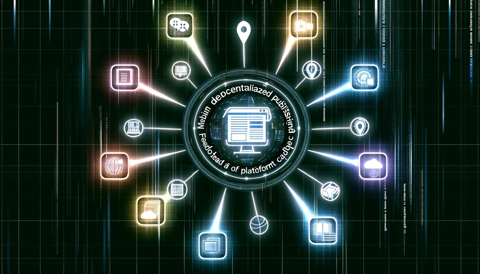 Modernes, abstraktes Titelbild: Zentraler leuchtender Desktop als Publishing-Hub, verbunden mit kleinen Interfaces unterschiedlicher Designs; im Hintergrund Datenströme, SEO-Elemente und Plattform-Symbole