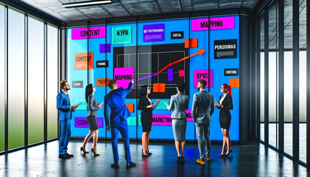 Business-Team bespricht Content-Marketing-Strategie an Glaswand mit Post-its, Diagrammen und hervorgehobenen Begriffen im modernen, urbanen Büro.