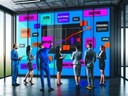 Business-Team bespricht Content-Marketing-Strategie an Glaswand mit Post-its, Diagrammen und hervorgehobenen Begriffen im modernen, urbanen Büro.