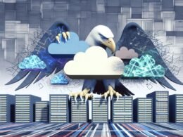 Stilisierter Bundesadler mit leuchtenden Linien vor Cloud-Symbolen, Serverracks und bürokratischer Kulisse aus Aktenordnern und Kabeln in Grau-Blau-Tönen