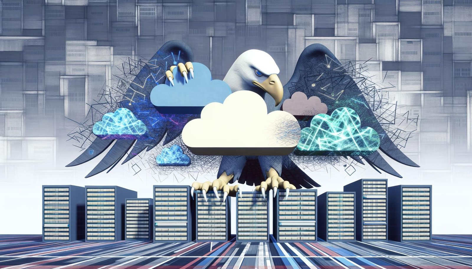 Stilisierter Bundesadler mit leuchtenden Linien vor Cloud-Symbolen, Serverracks und bürokratischer Kulisse aus Aktenordnern und Kabeln in Grau-Blau-Tönen