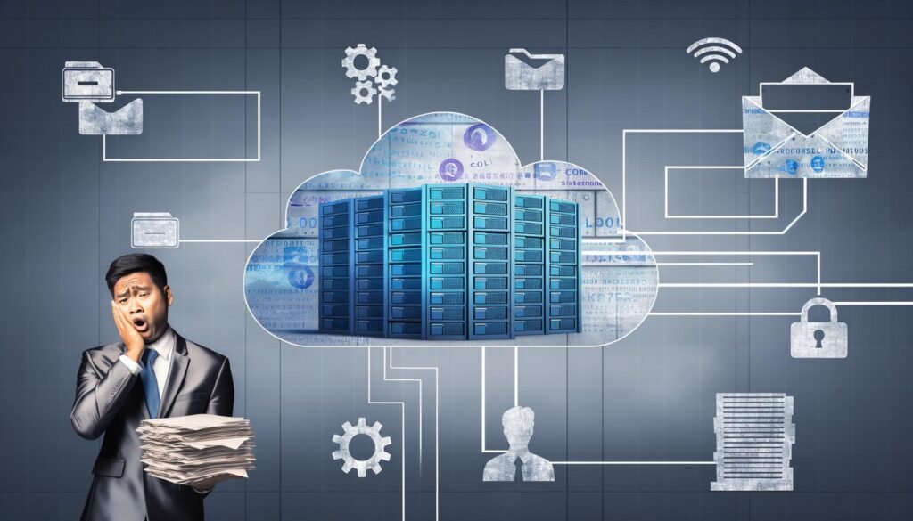 Modernes Titelbild mit Serverraum, schwebender Cloud, Symbolen für digitale Verwaltung, kopfschüttelndem Beamten vor Papierstapel und Silhouette eines digitalen Bundesadlers.