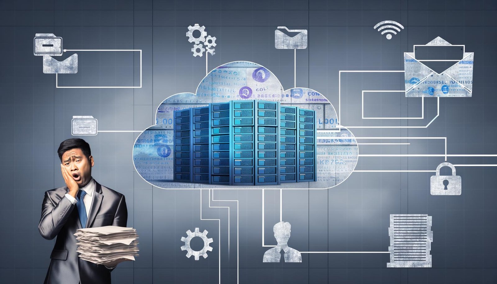 Modernes Titelbild mit Serverraum, schwebender Cloud, Symbolen für digitale Verwaltung, kopfschüttelndem Beamten vor Papierstapel und Silhouette eines digitalen Bundesadlers.