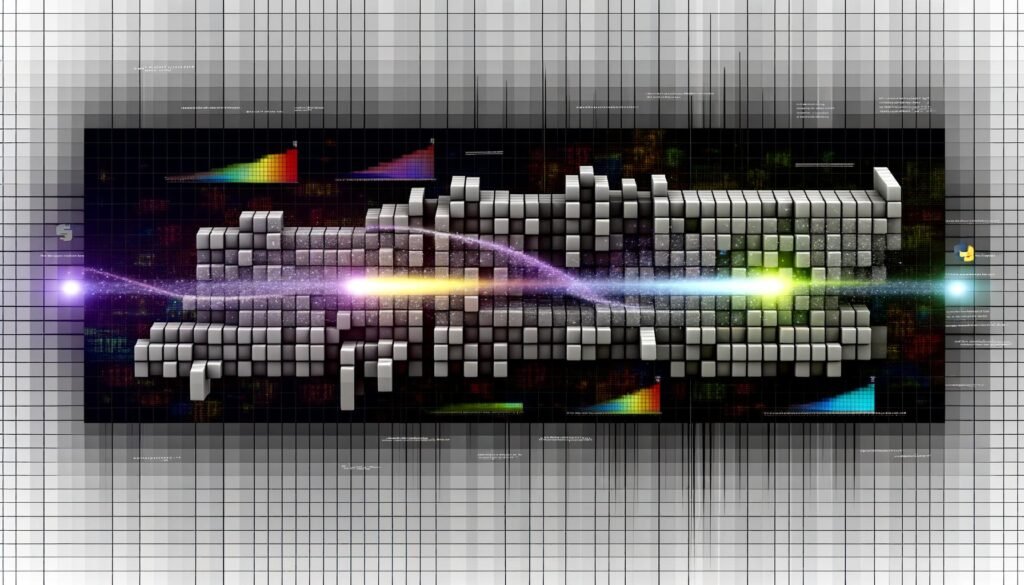 Minimalistisches Titelbild zeigt ein stilisiertes NumPy-Array mit grauen Datenblöcken im Raster, aus denen bunte Diagrammtypen wie Linie, Heatmap und 3D-Flächenstruktur hervorgehoben sind, umgeben von Matrix-Code auf kühlem technischen Hintergrund.