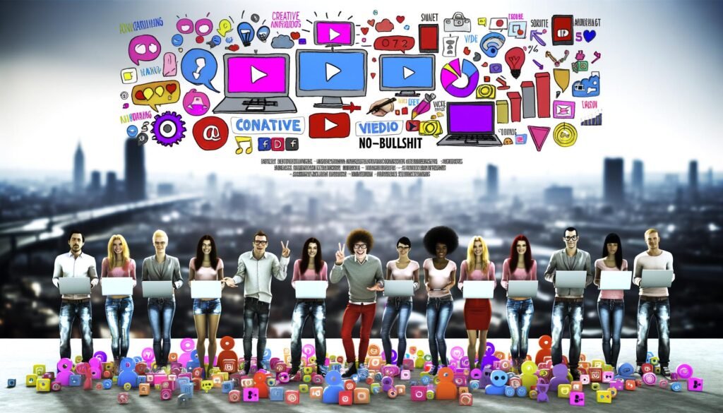 Stilisierte Illustration einer jungen, diversen Gruppe von Marketeers mit digitalen Geräten und bunten Social-Media-Symbolen vor einer urbanen Stadtsilhouette