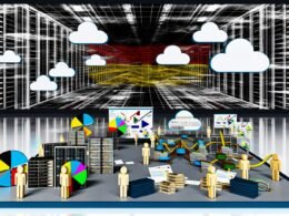 Abstrakter Serverraum mit deutschen Cloud-Symbolen, maroden Kabeln, deutscher Bürokratie und genervten IT-Admins vor Powerpoint-Folien.