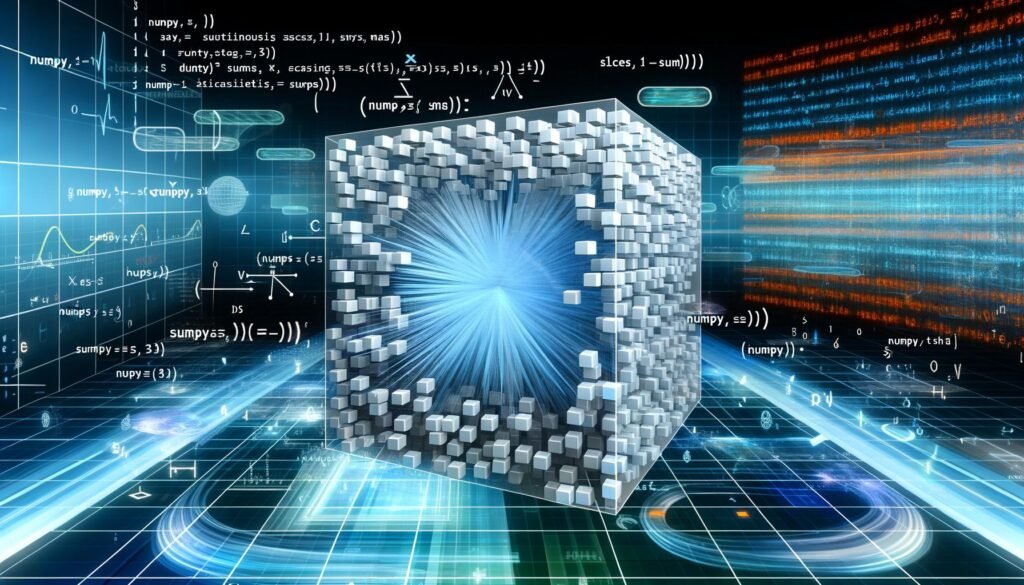 Futuristische Szene mit 3D-Modell eines mehrdimensionalen NumPy-Arrays, umgeben von holographischen Daten, mathematischen Symbolen und leuchtenden Code-Projektionen im modernen Tech-Lab.