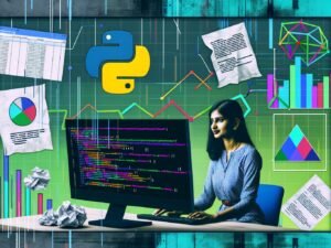 Illustration einer Person vor großem Bildschirm mit Python-Code, DataFrames und farbigen Diagrammen, alte Excel-Dokumente liegen im Hintergrund als Symbol für den Wechsel zu moderner Datenanalyse.