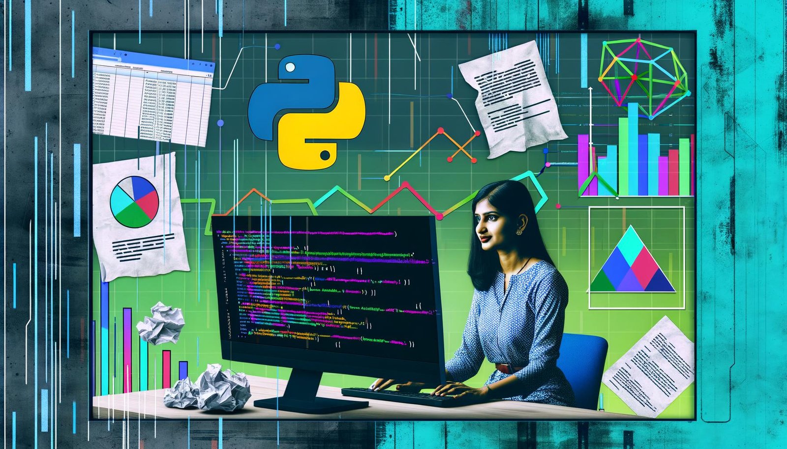 Illustration einer Person vor großem Bildschirm mit Python-Code, DataFrames und farbigen Diagrammen, alte Excel-Dokumente liegen im Hintergrund als Symbol für den Wechsel zu moderner Datenanalyse.