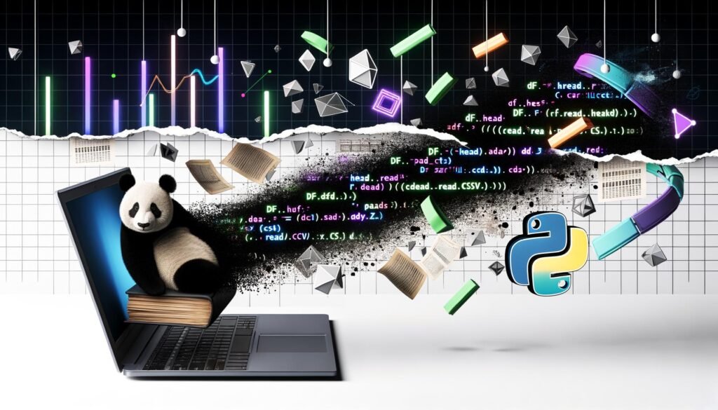 Stylischer Laptop mit schwarz-weißem Pandabär, umgeben von leuchtenden Python-Codezeilen, DataFrames und Diagrammen, während im Hintergrund alte Excel-Tabellen auseinanderbrechen.