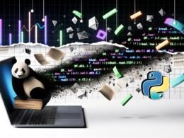 Stylischer Laptop mit schwarz-weißem Pandabär, umgeben von leuchtenden Python-Codezeilen, DataFrames und Diagrammen, während im Hintergrund alte Excel-Tabellen auseinanderbrechen.