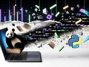 Stylischer Laptop mit schwarz-weißem Pandabär, umgeben von leuchtenden Python-Codezeilen, DataFrames und Diagrammen, während im Hintergrund alte Excel-Tabellen auseinanderbrechen.