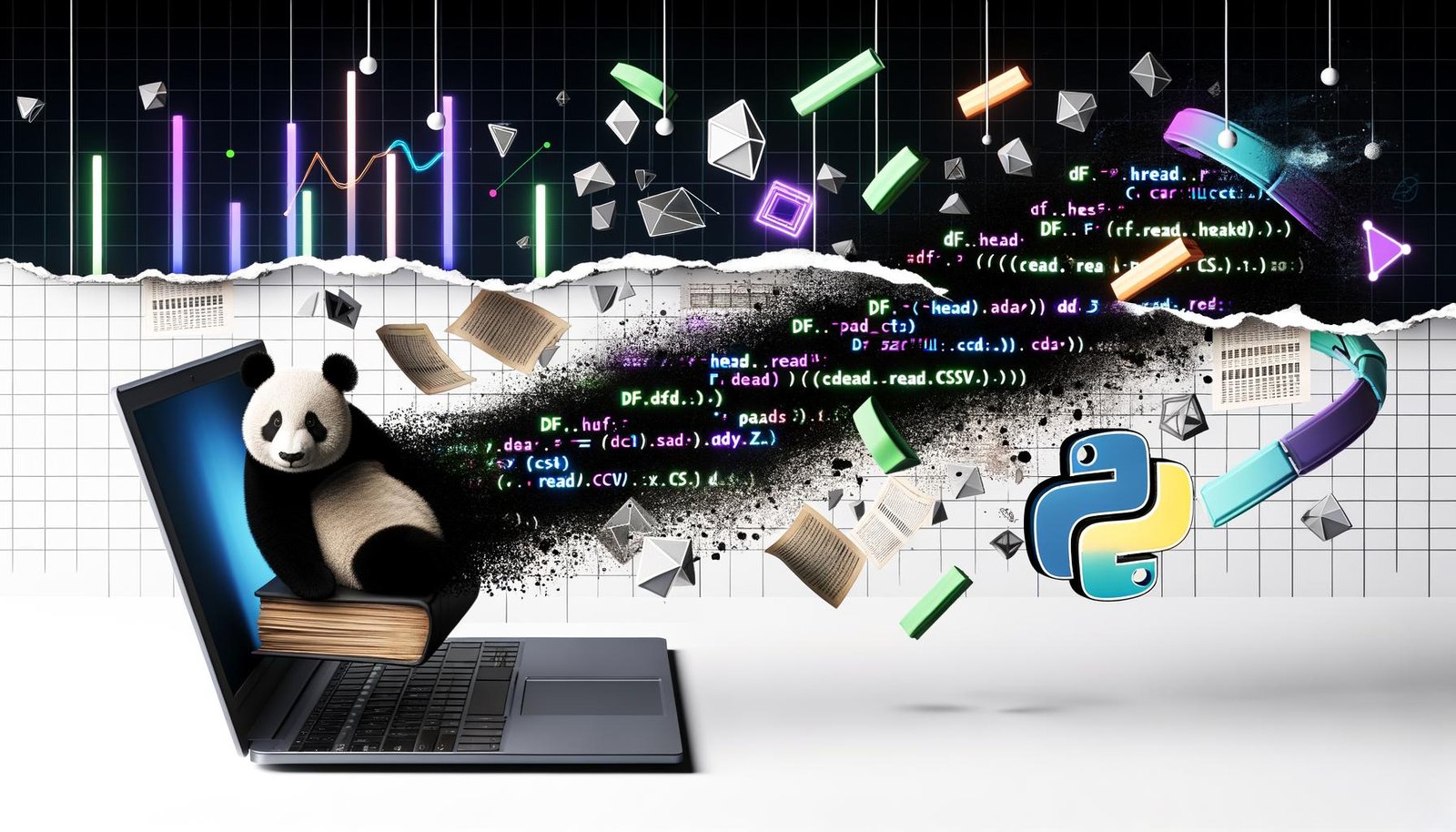 Stylischer Laptop mit schwarz-weißem Pandabär, umgeben von leuchtenden Python-Codezeilen, DataFrames und Diagrammen, während im Hintergrund alte Excel-Tabellen auseinanderbrechen.