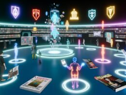 Leuchtendes 3D-Magazin-Hub schwebt im Zentrum einer futuristischen Metaverse-Landschaft mit Avataren, Portalen und den Logos von Decentraland, The Sandbox und Spatial.