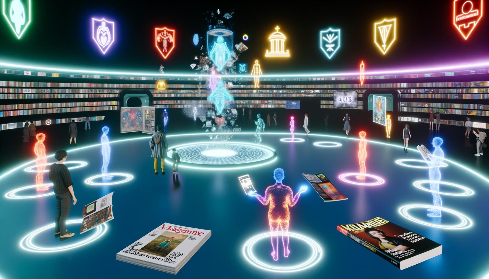 Leuchtendes 3D-Magazin-Hub schwebt im Zentrum einer futuristischen Metaverse-Landschaft mit Avataren, Portalen und den Logos von Decentraland, The Sandbox und Spatial.