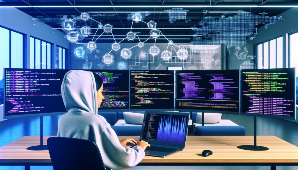 Konzentrierte Person mit Hoodie am Laptop vor großen Bildschirmen mit interaktivem Pandas Dashboard, Diagrammen und schematischen Datenflüssen in einem fortschrittlichen Büro.