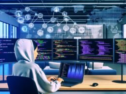 Konzentrierte Person mit Hoodie am Laptop vor großen Bildschirmen mit interaktivem Pandas Dashboard, Diagrammen und schematischen Datenflüssen in einem fortschrittlichen Büro.