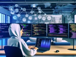 Konzentrierte Person mit Hoodie am Laptop vor großen Bildschirmen mit interaktivem Pandas Dashboard, Diagrammen und schematischen Datenflüssen in einem fortschrittlichen Büro.