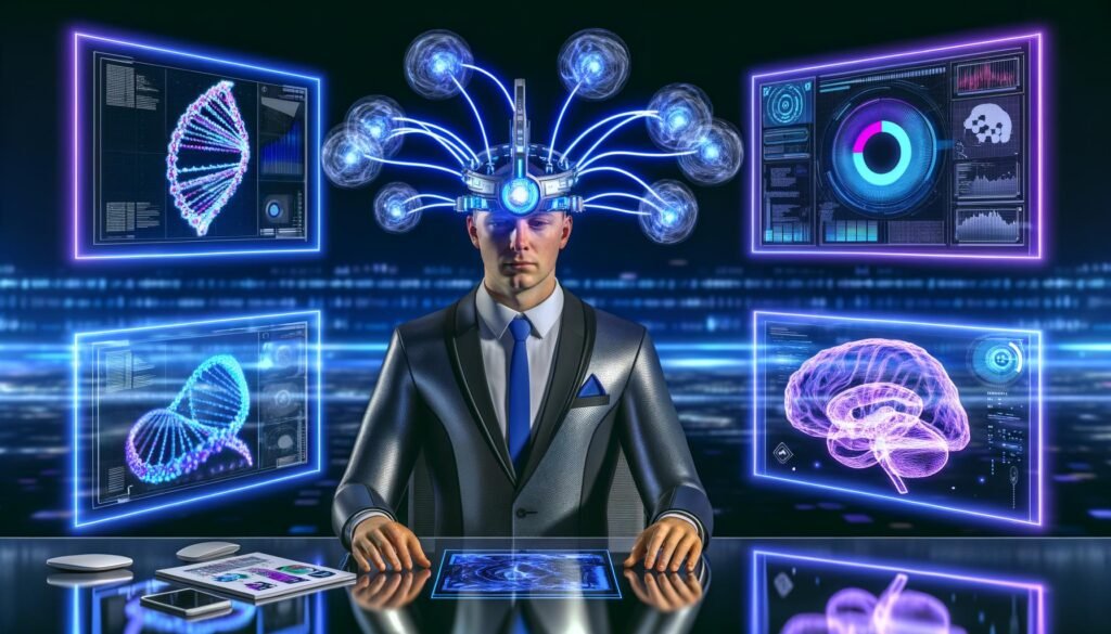 Person mit futuristischem Brain-Computer-Interface und leuchtenden Datenströmen in einem modernen Labor mit digitalen und holografischen Anzeigen.