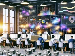 Dynamische Marketingagentur im modernen Loft, Experten am Laptop mit DataFrames und Charts auf Bildschirmen, graue Excel-Tabellen liegen am Boden.