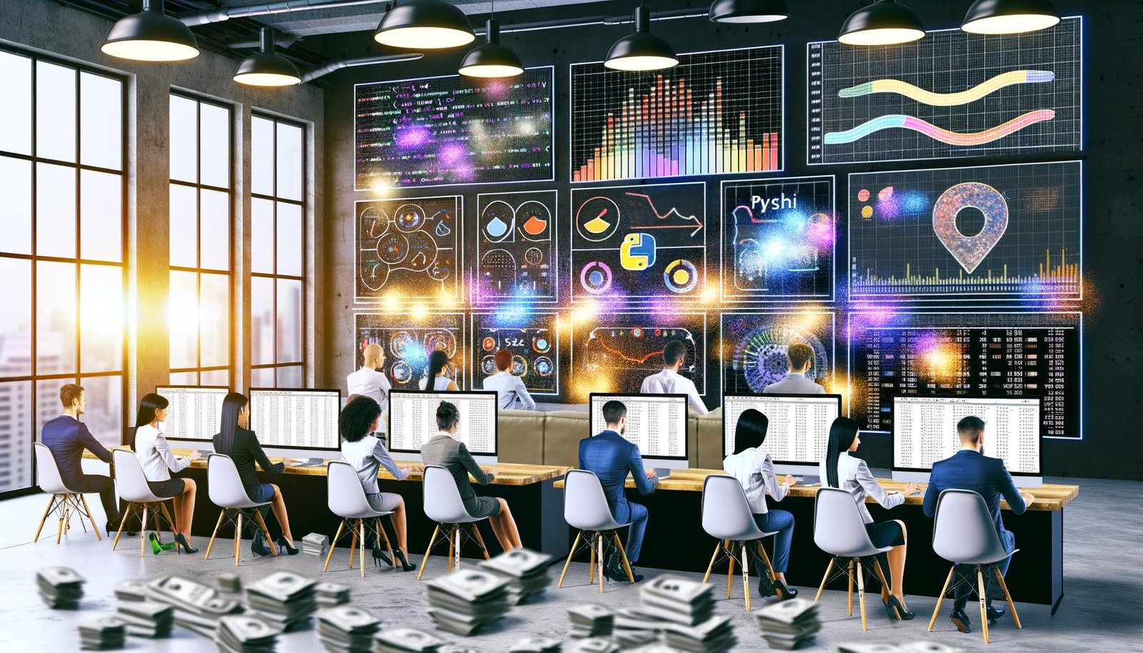 Dynamische Marketingagentur im modernen Loft, Experten am Laptop mit DataFrames und Charts auf Bildschirmen, graue Excel-Tabellen liegen am Boden.