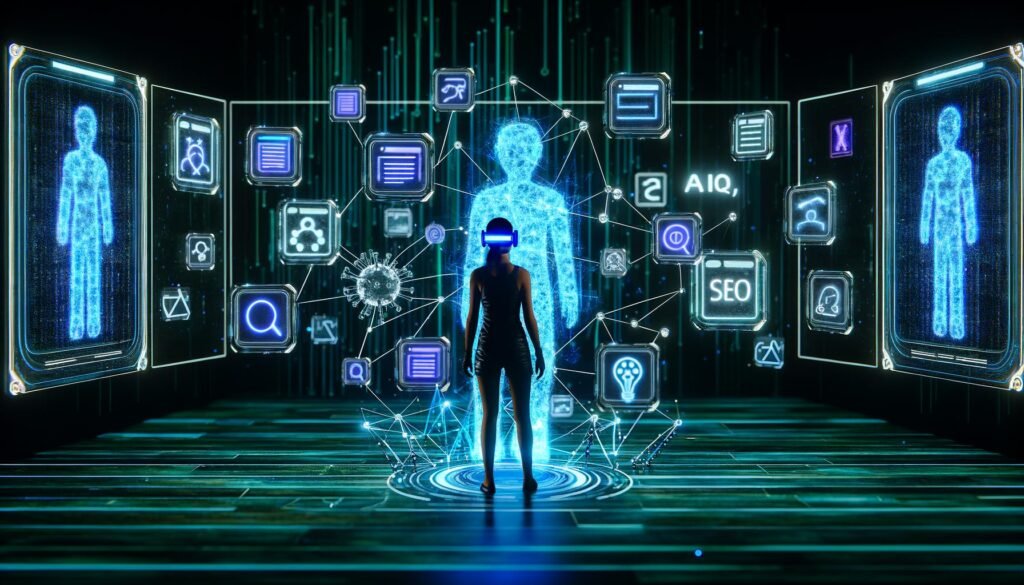 Futuristische Workspace-Szene mit einer Person am Headset, holografischen Interfaces zu KI, SEO und Datenströmen, sowie Symbolen für Voice-Assistenten, APIs und strukturierte Daten in türkis und neonblau.