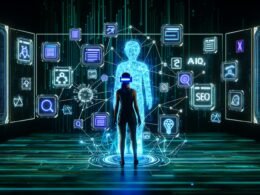 Futuristische Workspace-Szene mit einer Person am Headset, holografischen Interfaces zu KI, SEO und Datenströmen, sowie Symbolen für Voice-Assistenten, APIs und strukturierte Daten in türkis und neonblau.