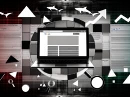 Collage mit stylischem Laptop und Blogartikel, umgeben von SEO-Grafiken, Ranking-Pfeilen und Google-Suchergebnissen, mit angedeuteten Haifischflossen im Hintergrund.