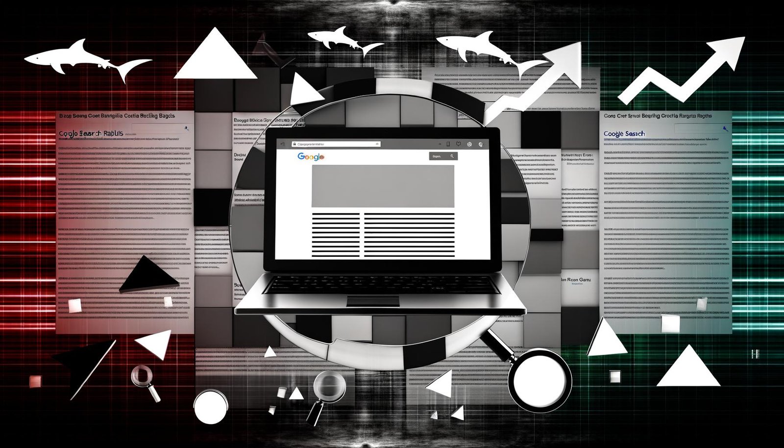 Collage mit stylischem Laptop und Blogartikel, umgeben von SEO-Grafiken, Ranking-Pfeilen und Google-Suchergebnissen, mit angedeuteten Haifischflossen im Hintergrund.