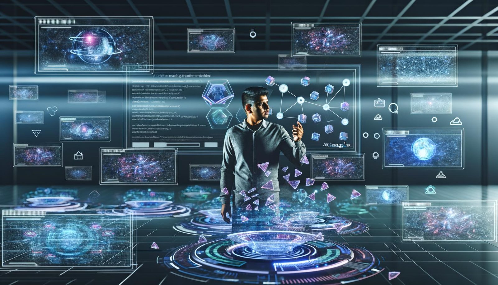 Futuristischer Workspace mit schwebenden Benutzeroberflächen, biometrischen Geräten, Code und holografischen SEO-Daten, beobachtet von einer Marketing-Strategin.