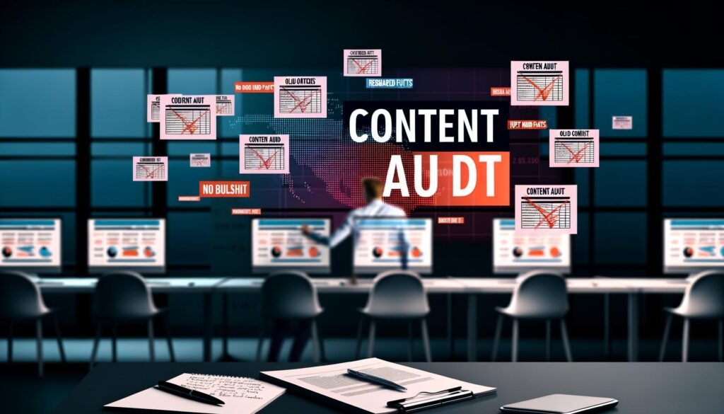 Content Audit in moderner Redaktion mit mehreren Bildschirmen, konzentrierter Person, Notizblock, SEO-Tools und dem Schriftzug 'No Bullshit – Nur harte Fakten' im Hintergrund.