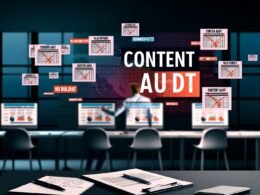 Content Audit in moderner Redaktion mit mehreren Bildschirmen, konzentrierter Person, Notizblock, SEO-Tools und dem Schriftzug 'No Bullshit – Nur harte Fakten' im Hintergrund.