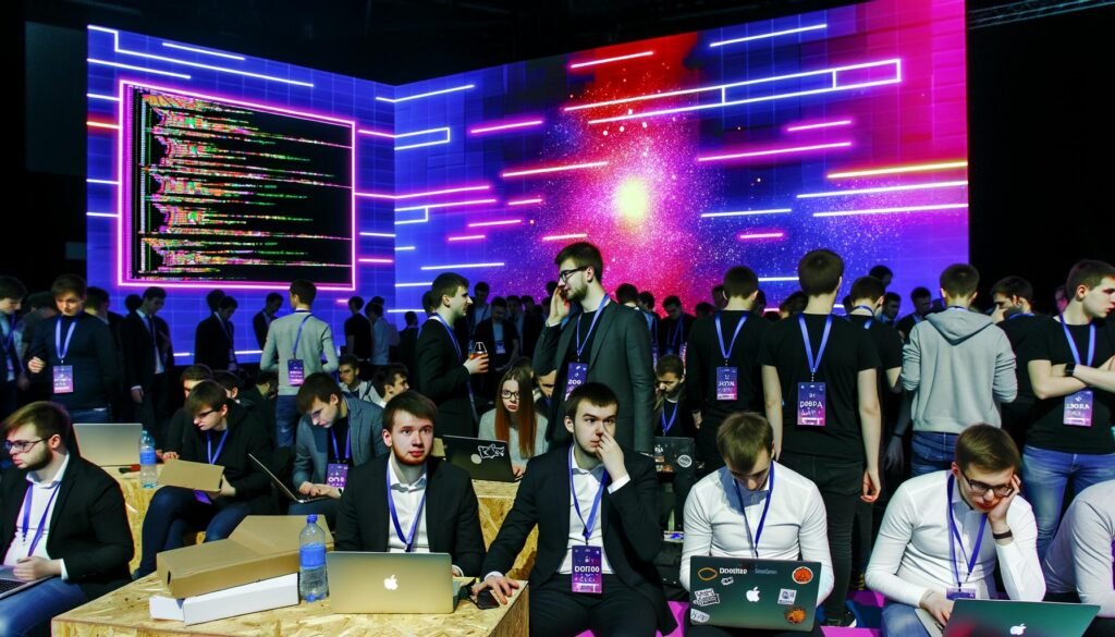 Neonbeleuchtete Bühne mit diversen Entwicklern, Designern und Anzugträgern vor Präsentationsbildschirmen, verschiedene Personen arbeiten an Laptops, im Vordergrund blickt jemand ratlos auf eine Fehlermeldung.